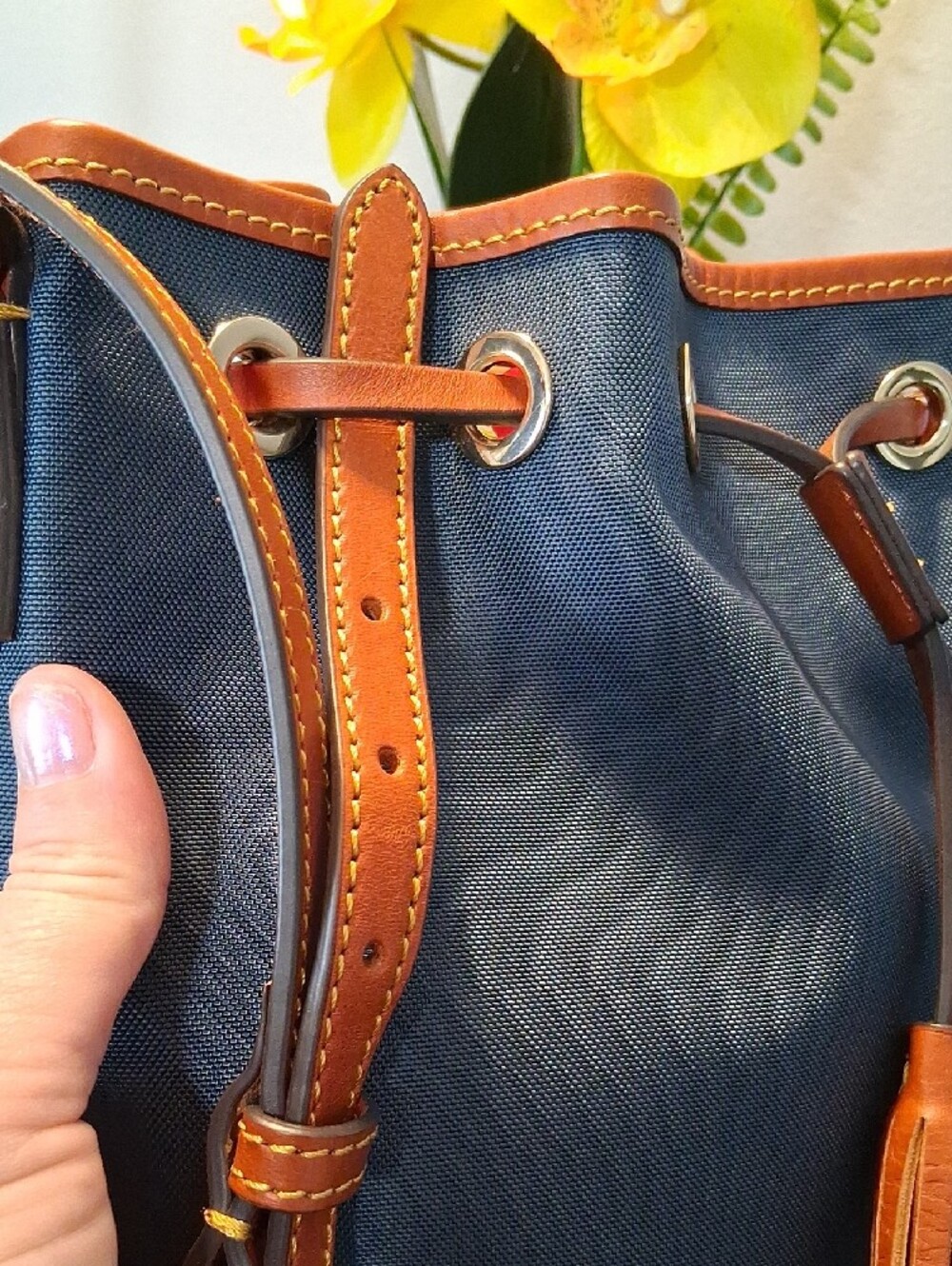 Dooney & Bourke Navy Blue Canvas Crossbody with Brown Leather Trim - Picture 3 of 16